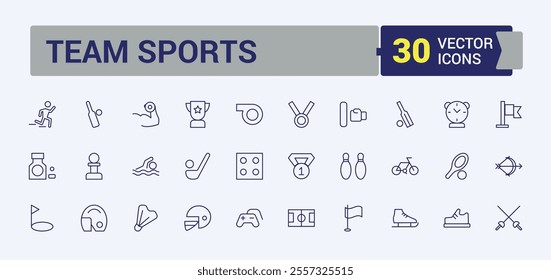 Team Sports line icons set. Includes thin line timer, line, shoes, soccer ball, medical, medal, play and more. Outline symbol collection. Editable vector illustration.