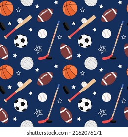 Team sports pattern. Seamless background with balls for soccer and american football, basketball. Flat vector illustration of baseball and hockey equipment. 