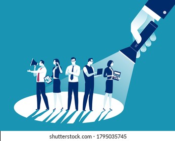 A Team In The Spotlight. A Hand Holding A Flashlight Pointing At Standing Team. Business Vector  Illustration