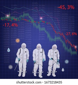 team spraying disinfectant as a preventive measure against the spread of the COVID-19 coronavirus and stock market down on coronavirus fears, Economy down with coronavirus 2019-nCov.