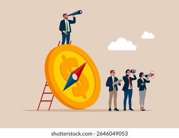 Team standing with direction compass with dollar coin. Financial strategy or business and stock market outlook. Flat vector illustration