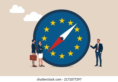 Team Standing With Direction Compass With Euro Zone Flag. European Union Economic Direction After Brexit And COVID-19, EU Financial Strategy Or Business And Stock Market Outlook. 