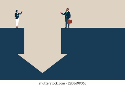 Equipo parado en cada lado en el gráfico de flecha abajo pérdida de ganancias, pérdidas financieras en el mercado de negociación. Ilustración vectorial plana.