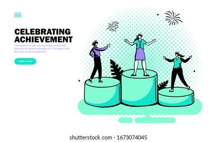 Team, das auf Podium steht mit Gewinner, die Vektorillustration der Errungenschaft feierlich anschauen