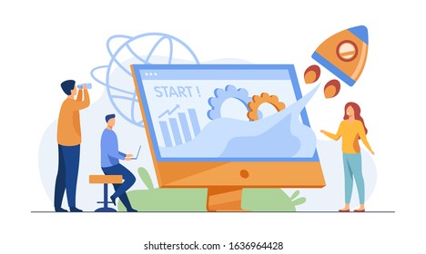 Team starting project. Workgroup working on startup, launching rocket from monitor with growth chart. Vector illustration for new business idea concept