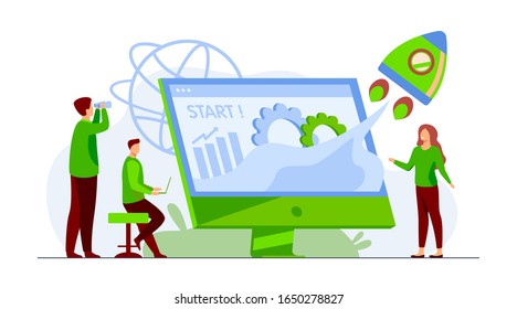 Team starting project. Workgroup working on startup, launching rocket from monitor with growth chart. Vector illustration for new business idea concept