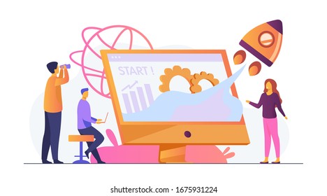 Team starting project. Workgroup working on startup, launching rocket from monitor with growth chart. Vector illustration for new business idea concept
