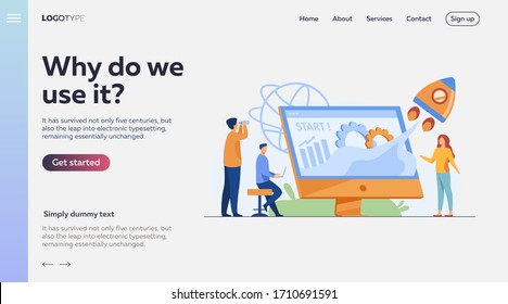 Team starting project. Workgroup working on startup, launching rocket from monitor with growth chart. Vector illustration for new business idea concept