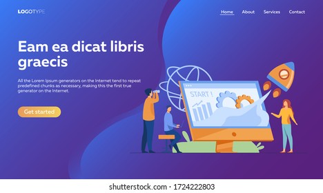 Team starting project. Workgroup working on startup, launching rocket from monitor with growth chart. Vector illustration for new business idea concept