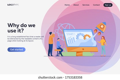 Team starting project. Workgroup working on startup, launching rocket from monitor with growth chart. Vector illustration for new business idea concept