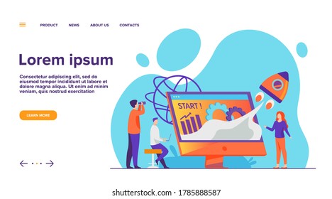 Team starting project. Workgroup working on startup, launching rocket from monitor with growth chart. Vector illustration for new business idea concept
