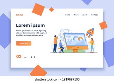 Team starting project. Workgroup working on startup, launching rocket from monitor with growth chart. Vector illustration for new business idea concept