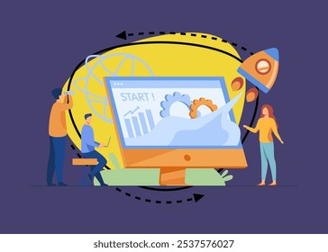 Team starting project. Workgroup working on startup, launching rocket from monitor with growth chart. Vector illustration for new business idea concept