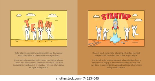 Team and startup images of people holding letters and launching rocket into space, with text sample vector illustration isolated on brown