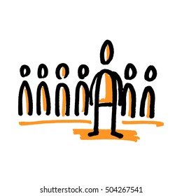 Team of stick people and one standing in front. Hand drawn vector illustration isolated on white.