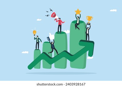 Team strategy for business success concept, team of business people working on improving bar graph.