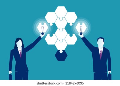 Team strategy. Last work to complete the idea. Business people man and woman adding the last two puzzle pieces to a light bulb on blue background. Eps Vector illustration, minimal flat modern style