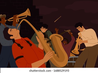 Team of street artistic people playing on musician instrument at night city. Jazz band classical music performers vector graphic illustration. Male guitarist, saxophonist, drum player and trumpeter