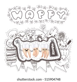team of strong teeth with cute hand drawn vector illustration, doodle style