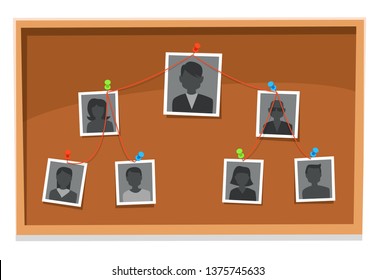 Team Structure Chart. Company Members Board, Pinned Working Team Photos And Organization Tree Charts Research Vector Illustration