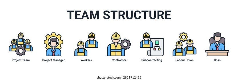 Team Structure web banner icon vector illustration with icons of Project Team,Project Manager,Workers,Contractor,Subcontracting,Labour Union and Boss