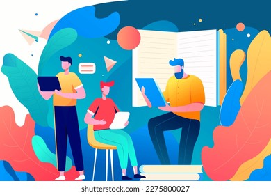 Team study with books and plants in the background, vector illustration