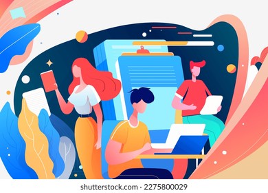 Team study with books and plants in the background, vector illustration
