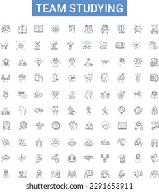 Team studying outline icons collection. Team, studying, colleagues, group, learn, collaborate, research vector illustration set. knowledge, skills, review line signs