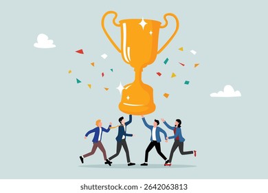 Team success achievement, winning trophy award together, celebrate team effort collaboration, teamwork motivation, ambition concept, b colleague celebrates award winning trophy together.