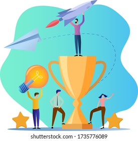 Team success, brainstorming.Teamwork, the Cup symbolizes the success of new ideas.For a website, web banner.Flat vector illustration.