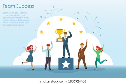 Team success, business achievement Businessman hold trophy cup celebrating award winner on their achievement with team. Business competition and teamwork success concept.