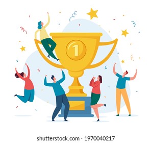 Team success. Business team celebrating victory. Winners with golden trophy cup. Successful teamwork, achievement celebration vector illustration. Man and woman colleagues having triumph