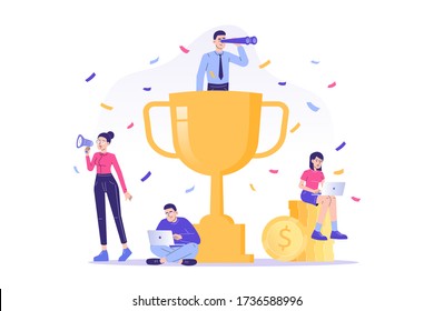 Team success concept. Team leader and co workers celebrating victory. Success business and teamwork. Symbol of successful team collaboration, cooperation and partnership. Isolated vector illustration