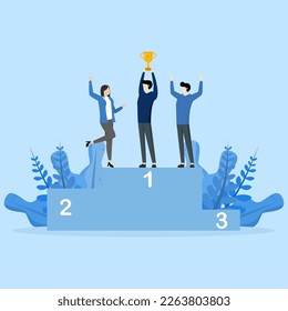 Teamerfolgskonzept gewinnt gemeinsam, Gruppensieger oder Teamsieger, Teamarbeit oder Zusammenarbeit zur Erreichung eines gemeinsamen Ziels, Geschäftsleute und Geschäftsmannskollegen, die eine Siegtrophäe auf dem Podium halten.