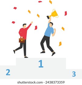 El concepto de éxito del equipo gana juntos, el ganador del grupo o el concepto de victoria del equipo, el trabajo en equipo o la colaboración para lograr un objetivo común, los colegas empresarios y hombres de negocios que sostienen ganar el trofeo en el podio del primer lugar.