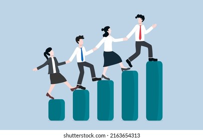 Team success and development, collaboration for growing productivity, business teamwork concept. Teammates holding hands together walking up growing up bar graph.