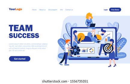 Team success flat landing page template with header. Business partnership, goal achievement web banner, homepage design. Staff cooperation vector illustration. Harmonious work result concept