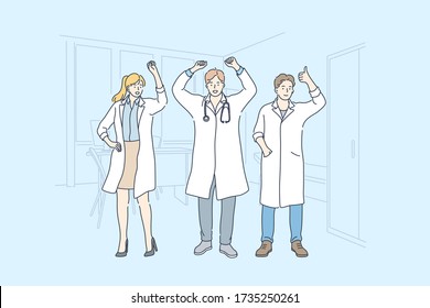 Team, success, goal achievement, winning, medicine concept. Group of young smiling men and woman boys girl doctors cartoon characters happy about victory. Reaching purposes and healthcare illustration