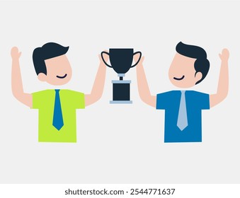 Team Success Holding Trophy Illustration. Teamwork or collaboration to success. Employee cooperation, team target, leadership, collaboration vector illustration.