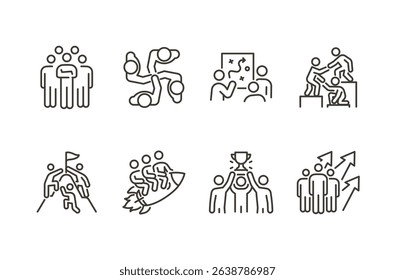Team success icon set. Thin line editable stroke icons for leadership, collaboration, growth, goal achievement, motivation, coaching, strategy, and group performance, unity and partnership