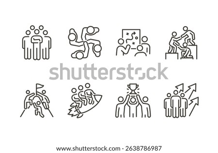 Team success icon set. Thin line editable stroke icons for leadership, collaboration, growth, goal achievement, motivation, coaching, strategy, and group performance, unity and partnership