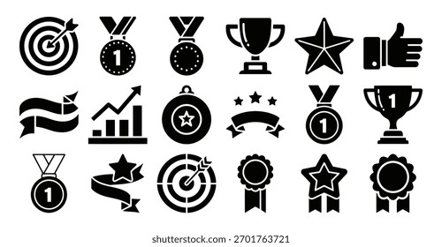 Iconos de éxito de Equipo. Conjunto de iconos sólido y lleno de trofeos de éxito del equipo, medalla, objetivo, cinta, estrella