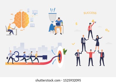Team success illustration set. People inserting key to lock together, working on computer, forming pyramid of success. Business concept. Vector illustration for banners, layouts, website design