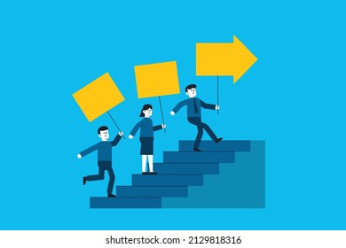 Teamerfolg und -verbesserung, gemeinsame Zielsetzung und Leitung, Unterstützung und Partnerschaft für das Wachstum der Karriere. Drei selbstbewusste Geschäftsleute, die die Leiter hochhalten und einen großen Pfeil halten
