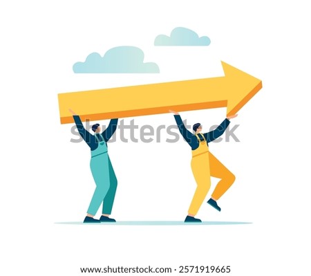 Team success and improvement, sharing same business goal and direction, support and partnership for career growth concept, businessman and woman teamwork help carry big growth rising up arrow graph
