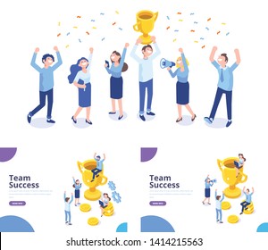 Team Success isometric vector illustration. Business people celebrating victory. Man sitting on the gold winner cup, happy people raising their hands. Vector illustration on white background 