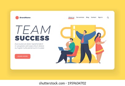 Team success landing page website banner template. Male and female cartoon characters stand next to huge goblet. Success achievement. Successful teamwork. Flat vector illustration