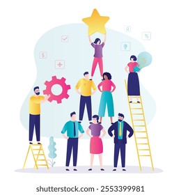 Team success. Multi Ethnic business people building and forming pyramid for winning prize. Team spirit, ambition employees. Business, cooperation, teamwork, award concept. Flat vector illustration