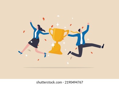 Team success, partnership or teamwork to win business competition, winner or achievement, work together or cooperation concept, businessman and businesswoman partner celebrate winning victory trophy.