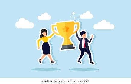 Team success partnership and teamwork to win business competition, achieve goals, and cooperate effectively, concept of A businessman and businesswoman partner celebrate their victory with a trophy